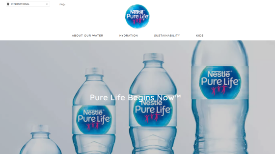 Nestlé Pure Life website header with navigation and hero section showing water bottles and slogan Pure Life Begins Now™
