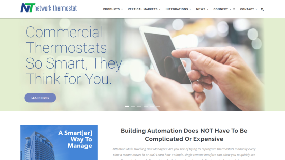 Commercial thermostats website with headline 'Commercial Thermostats So Smart, They Think for You' and a hand adjusting a thermostat