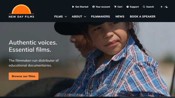 New Day Films homepage with navigation and tagline about educational documentaries, featuring a child in a plaid shirt and hat