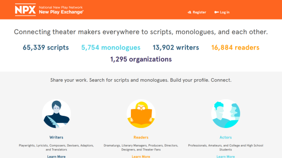 National New Play Network homepage connecting theater makers with scripts, monologues, and community features