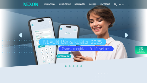 NEXON Bérkalkulátor 2025 with a smiling woman using a phone and app interface showing salary calculator details.