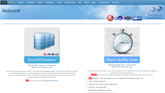 NexusDB homepage showing database and quality suite products with descriptions and navigation menu