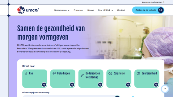 UMCNL homepage with navigation and hero text about shaping the health of tomorrow, plus quick links to key topics