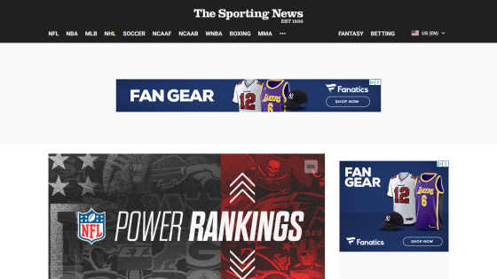 The Sporting News website header with navigation and NFL Power Rankings hero section featuring team logos.