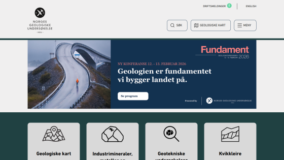Norges Geologiske Undersøkelse homepage with conference announcement for Fundament 2026 and navigation options for geological maps and minerals.