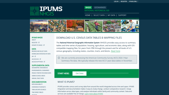 IPUMS NHGIS homepage offering U.S. census data tables and mapping files with navigation and data access options