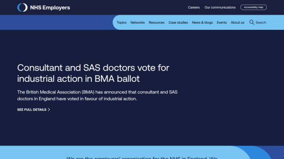 NHS Employers website featuring news on doctors voting for industrial action.