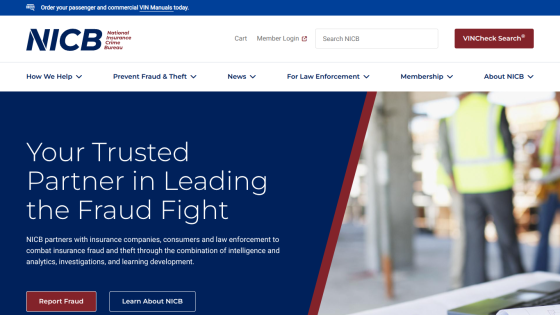 Homepage of NICB featuring a tagline about leading the fraud fight and navigation options.