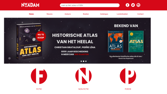 Homepage promoting the book Historische Atlas van het Heelal with navigation links and categories Fictie, Non-Fictie, Poëzie