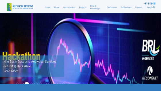 Nile Basin Initiative website featuring a Hackathon announcement with data analytics theme and navigation menu