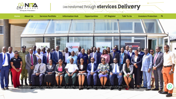 NITA Uganda website with navigation menu and group photo of leaders promoting public service efficiency through UGPass