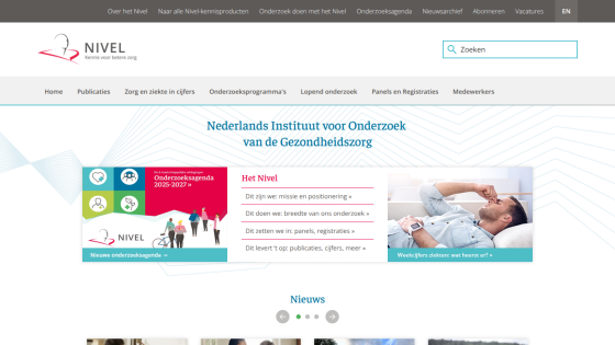 Homepage of Nederlands Instituut voor Onderzoek van de Gezondheidszorg with navigation, hero banner, and news section
