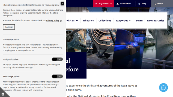 National Maritime Museum homepage with navigation menu and hero image promoting Royal Navy adventures