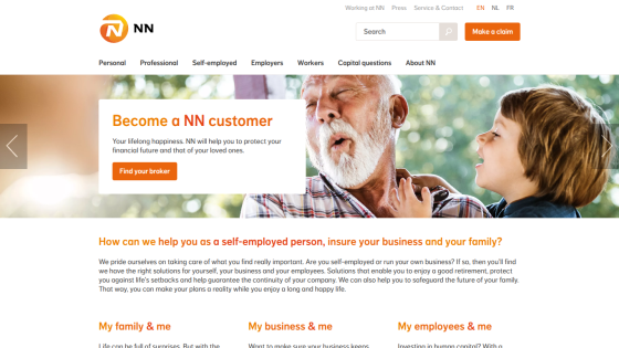 NN insurance site inviting users to become customers with options for self-employed, business, and family protection