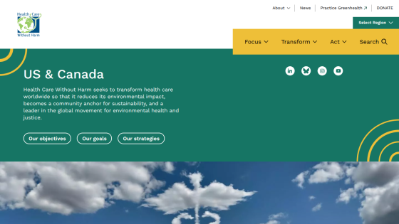 Health Care Without Harm US & Canada page with mission statement and navigation links