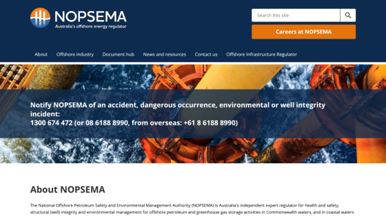 NOPSEMA homepage with navigation, search, and alert for reporting offshore energy incidents