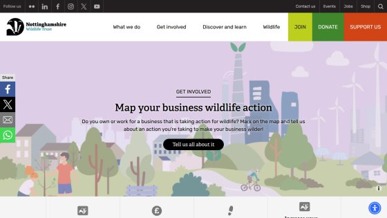 Nottinghamshire Wildlife Trust website inviting businesses to map their wildlife actions with a call-to-action button