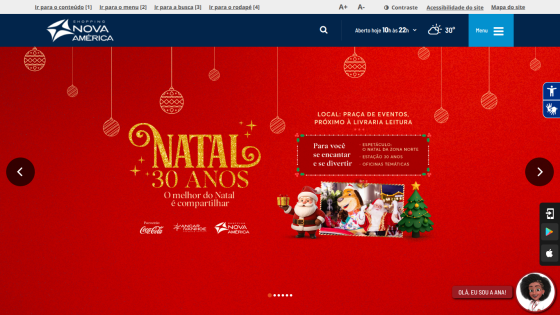 Shopping Nova América Christmas 30 years event with festive decorations, Santa, and event details