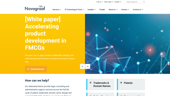 Novagraaf website offering a white paper on accelerating product development in FMCGs with download option and service categories