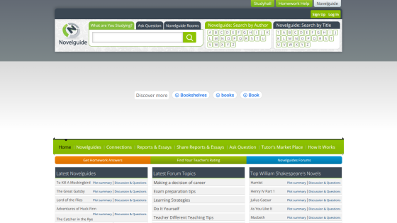 Novelguide homepage with search by author or title, navigation links, and latest novel guides and forum topics