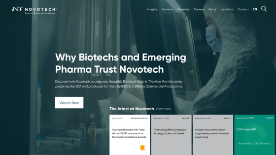 Novotech homepage highlighting trust in biotech and pharma with latest news and events including COG Europe 2025 in Amsterdam.