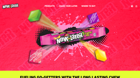 Now and Later candy website with product image, navigation links, and social media icons on a bright background