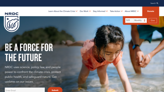 NRDC homepage featuring a child playing in water with a call to action about climate change.