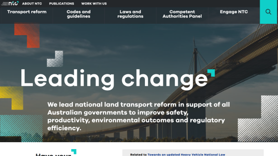 National Transport Commission homepage with headline Leading change and description of land transport reform in Australia