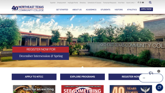 Northeast Texas Community College homepage with registration prompt for December Intersession and Spring, navigation menu, and call-to-action buttons