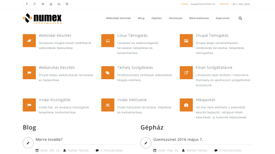 Numex Informatika homepage showing services like web development, Linux support, Drupal support, and blog updates.