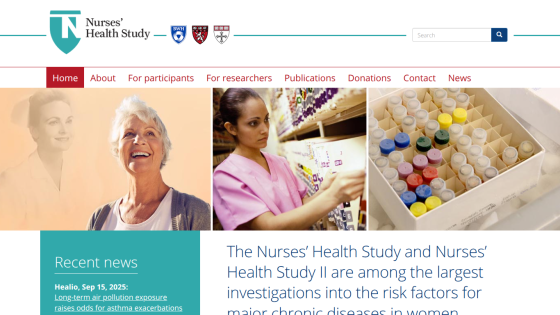 Nurses' Health Study homepage with navigation, recent news, and study description on risk factors for chronic diseases