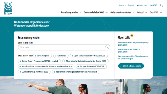 Homepage of a funding organization with search bar and open calls section.