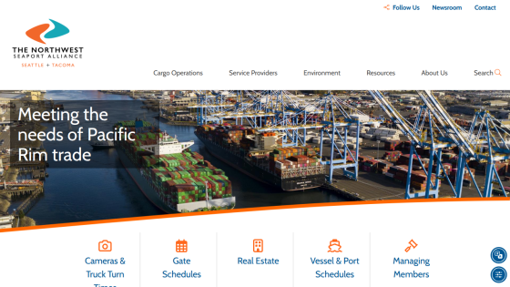 Northwest Seaport Alliance homepage with navigation and hero image showing cargo ships and containers, highlighting Pacific Rim trade