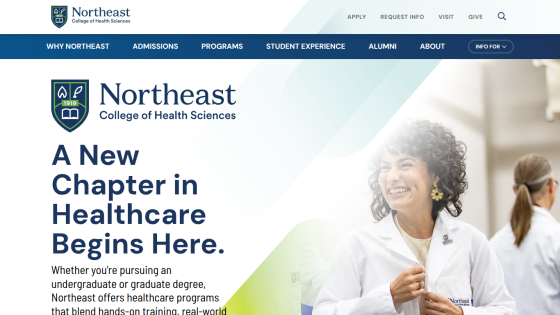 Northeast College of Health Sciences homepage with headline about new chapter in healthcare and smiling person