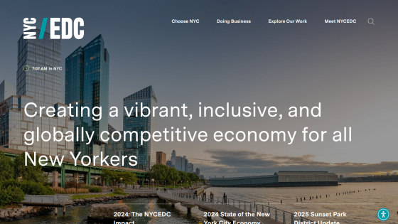 NYCEDC homepage with skyline background and text about creating a vibrant, inclusive, globally competitive economy for New Yorkers