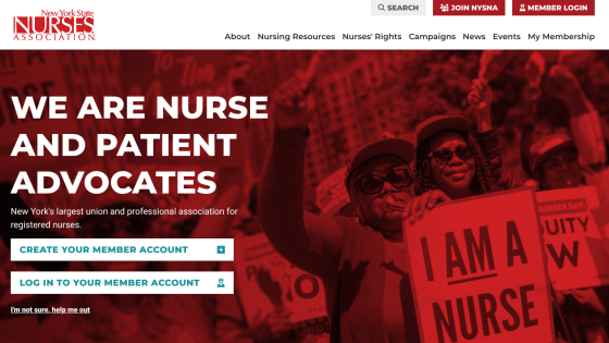 New York State Nurses Association homepage with advocacy message and member account options
