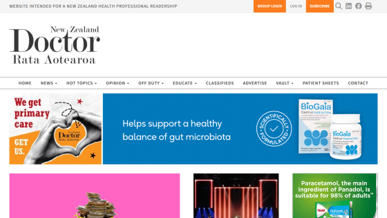 New Zealand Doctor website homepage with navigation menu and advertisements supporting gut health and primary care