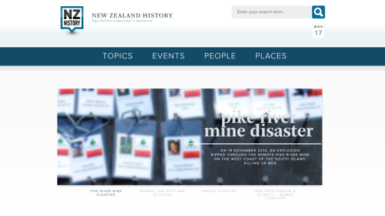 New Zealand History website with navigation and a hero section about women, the vote and activism
