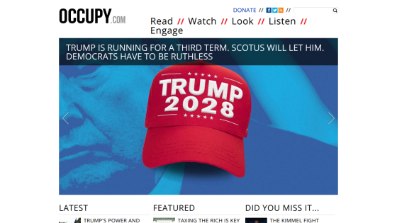 Occupy.com homepage with headline about Trump running for a third term and a red Trump 2028 hat image