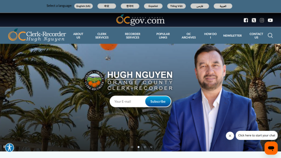 Orange County Clerk-Recorder Hugh Nguyen homepage with subscription form and palm tree background
