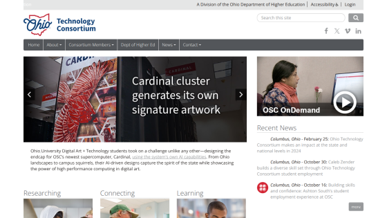 Ohio Technology Consortium homepage featuring AI-driven digital art on supercomputer Cardinal and recent news updates