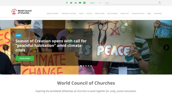 World Council of Churches homepage promoting climate action with a call for peace.