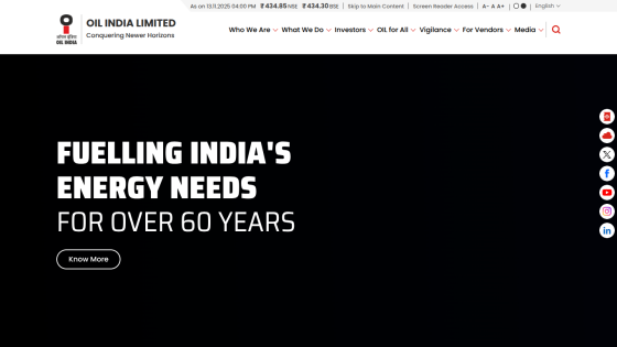 Oil India Limited homepage with headline 'Fuelling India's Energy Needs for Over 60 Years' and a 'Know More' button