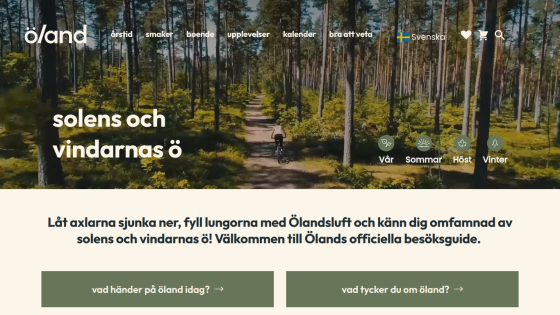 Official visitor guide for Öland with seasonal navigation and welcome message inviting to explore the island
