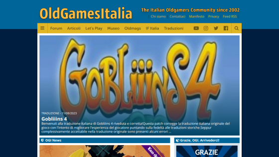 OldGamesItalia homepage featuring a large Gobliiins 4 translation patch announcement with navigation menu and social icons