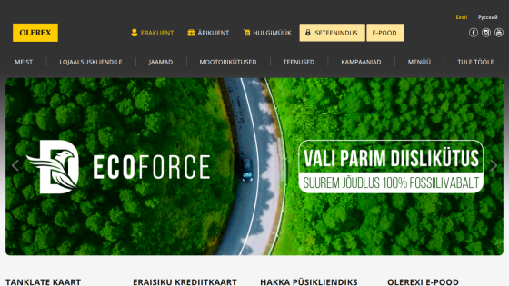 Olerex website with navigation menu and hero banner promoting ECOFORCE diesel fuel with 100% fossil-free power