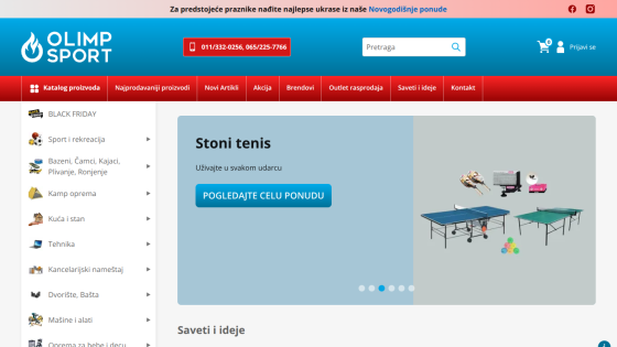 Olimp Sport homepage with navigation menu, contact info, search bar, and table tennis promotion