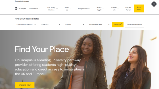 OnCampus homepage with navigation, course search filters, and hero section promoting university pathways in the UK and Europe