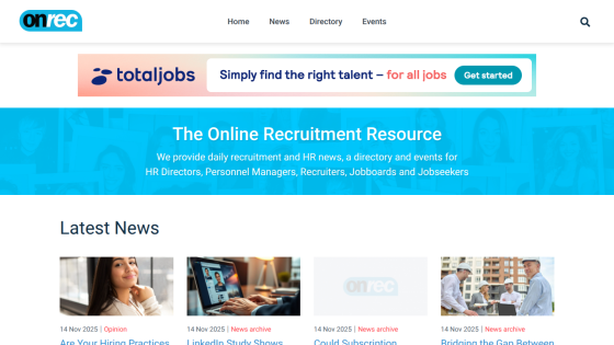Online recruitment resource homepage with navigation, banner, and latest news articles featuring images and headlines