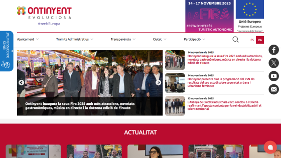 Ontinyent municipal website showing news about urban safety and feminist urbanism study with event dates and navigation menu